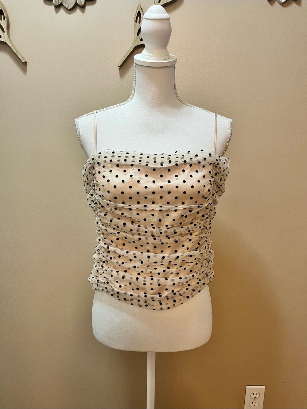 Loft Sheer Polka Dot Ruched Camisole Top in Cream and Black Size 12